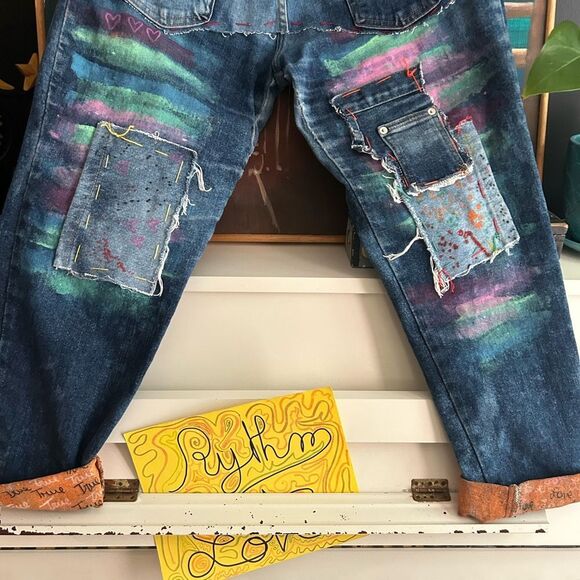 Upcycled Frayed Patchwork Jeans 33" Waist Handmade Streetwear Pants Painted - Picture 4 of 16